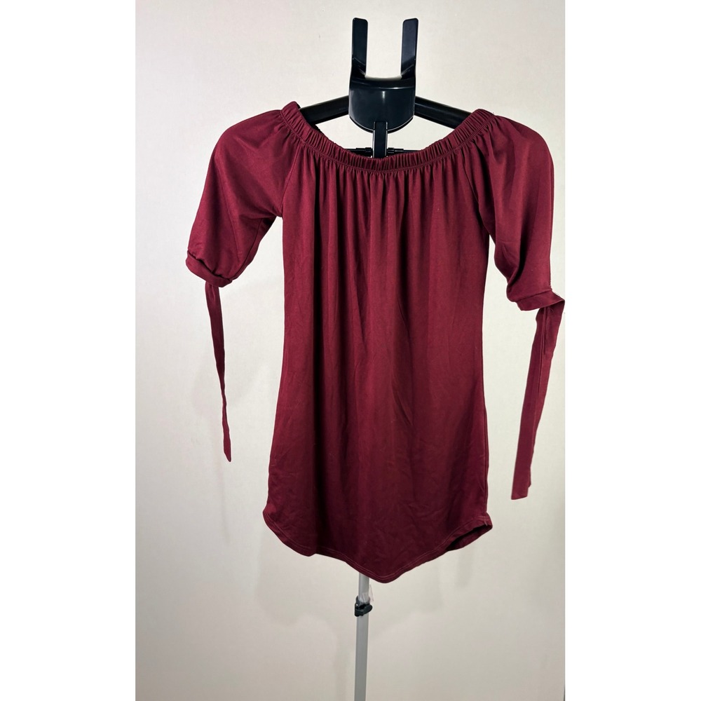 Burgundy Off The Shoulder Tie Sleeve Knit‎ Top Maroon Bardot Curved Hem Blouse